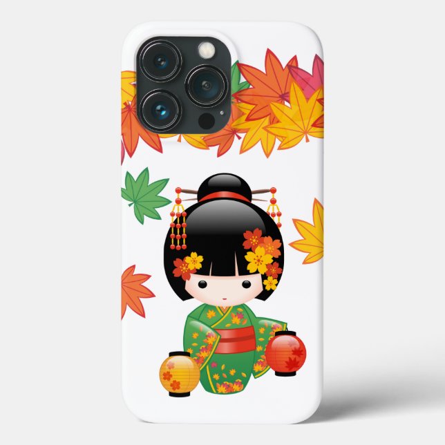 Fall Green Kimono Kokeshi Doll Maple Leaves Case-Mate iPhone Case (Back)