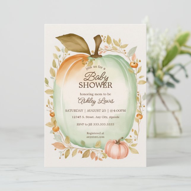 Fall green pumpkin baby shower watercolor pumpkin invitation (Standing Front)