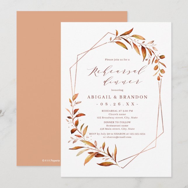 Fall Greenery Geometric Rustic Rehearsal Dinner Invitation (Front/Back)