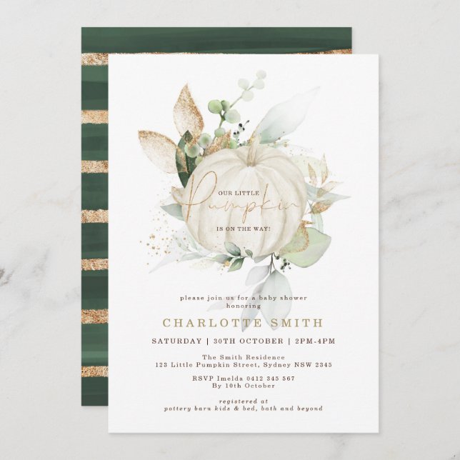 Fall Greenery Gold Pumpkin Couples Baby Shower Invitation (Front/Back)