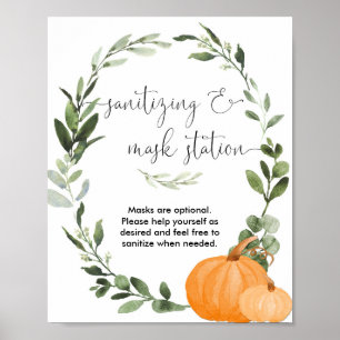 Fall greenery pumpkin sanitizing mask station sign