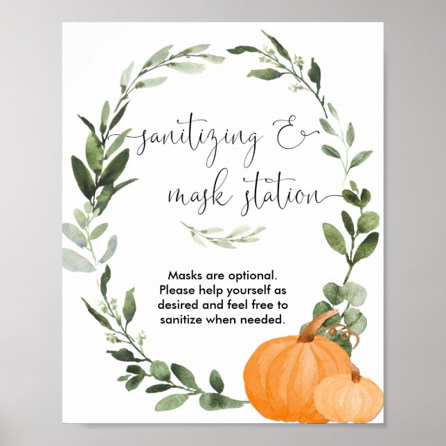 Fall greenery pumpkin sanitizing mask station sign (Front)