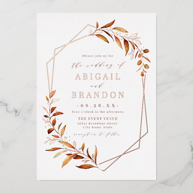 Fall Greenery Rose Gold Geometric Rustic Wedding (Front)