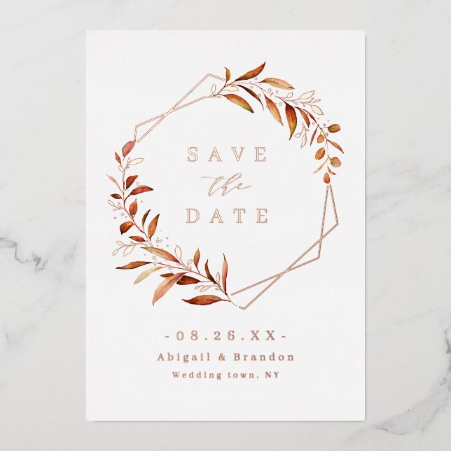 Fall Greenery Rose Gold Geometric Save the date (Front)