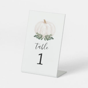 Fall Greenery White Pumpkin Table Number Pedestal Sign