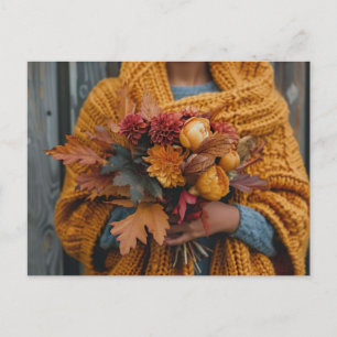 fall greeting card woman holding fall flowers