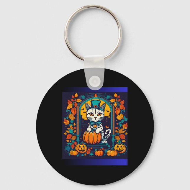 Fall Halloween Cute White And Black Cat Fall Scene Keychain (Front)