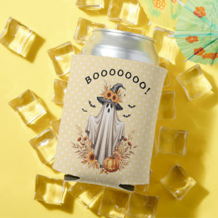 Fall Halloween Ghost with Pumpkins and Sunflowers Can Cooler