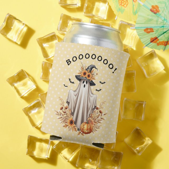 Fall Halloween Ghost with Pumpkins and Sunflowers Can Cooler (In Situ Summer)