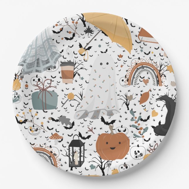 Fall Halloween ghost wrapping paper Paper Plate (Front)