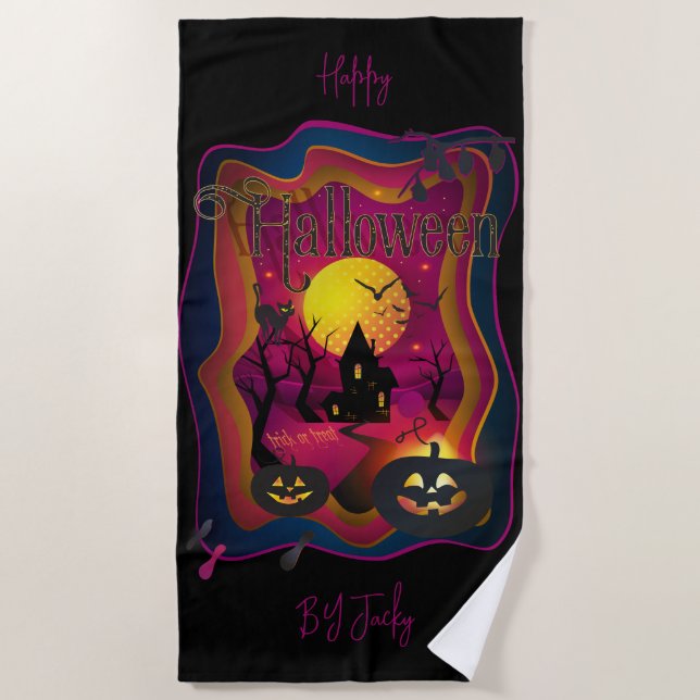 Fall Halloween Party " trick or treat" funny Beach Towel (Front)