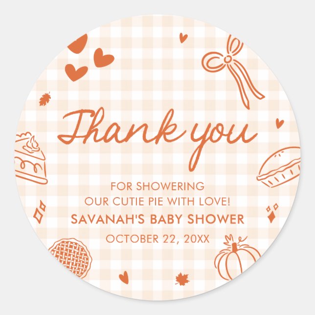 Fall Hand Drawn A Little Cutie Pie Baby Shower Classic Round Sticker (Front)