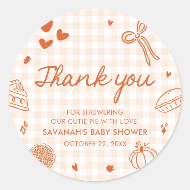 Fall Hand Drawn A Little Cutie Pie Baby Shower Classic Round Sticker (Front)