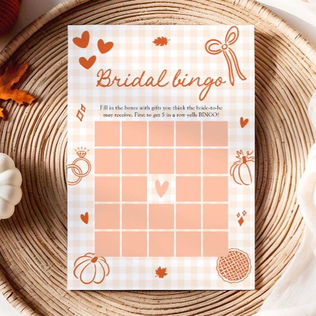 Fall Hand Drawn Orange Gingham Bridal Bingo Game Invitation (Fall Hand Drawn Orange Gingham Bridal Bingo Game)