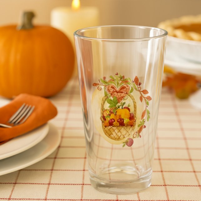 Fall Harvest / Autumn Season Thanksgiving Pumpkin Glass (Thanksgiving table setting featuring harvest artwork on water glass )