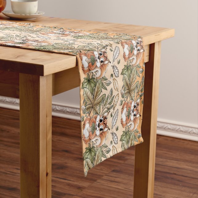 Fall Harvest Autumn Squirrel and Leaves Short Table Runner (In Situ)