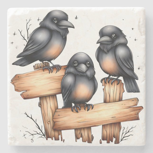 Fall Harvest Cute Crows Stone Coaster (Front)