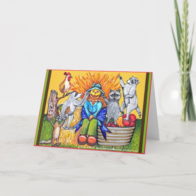 Fall Harvest Farm Raccoons Making Scarecrow Card (Front)