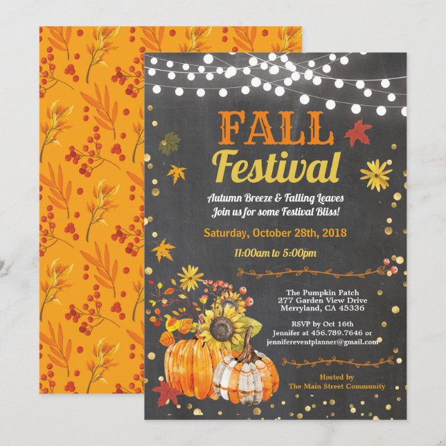 Fall harvest festival chalkboard pumpkin patch invitation (Front/Back)