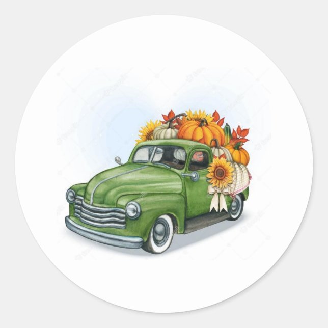 Fall Harvest In a Green Truck  Classic Round Sticker (Front)
