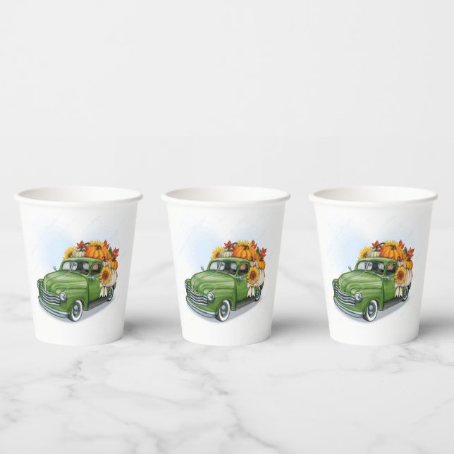 Fall Harvest in a Green Truck    Paper Cups (Multi)