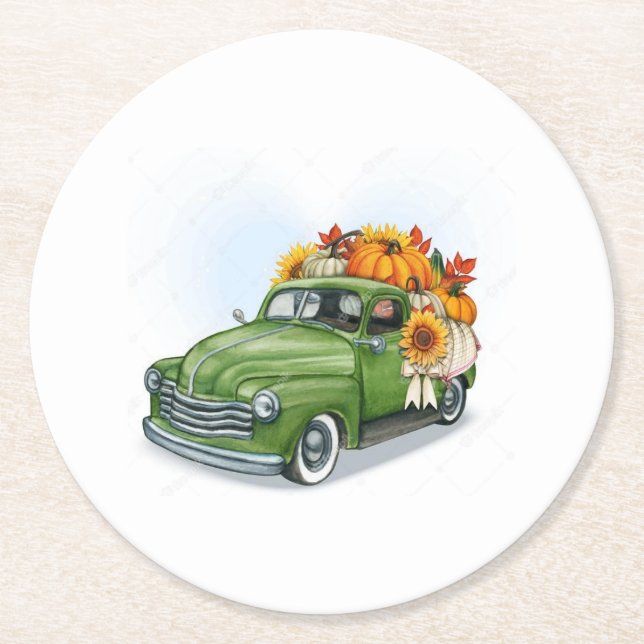 Fall Harvest In a Green Truck   Round Paper Coaster (Front)