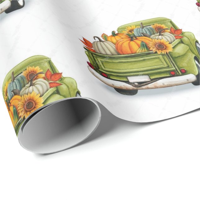 Fall Harvest in a Green Truck  Wrapping Paper (Roll Corner)