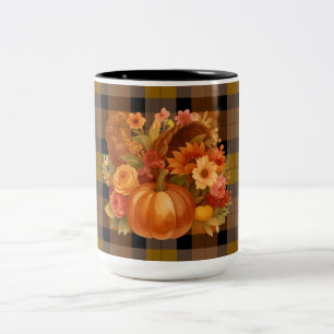 Fall Harvest Plaid With Seasonal Cornucopia Two-Tone Coffee Mug