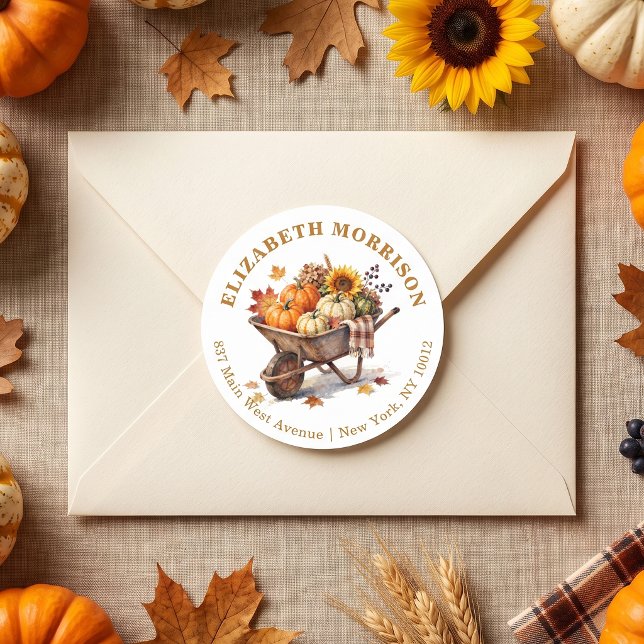 Fall Harvest Pumpkin Wheelbarrow Return Address Classic Round Sticker (Creator Uploaded)
