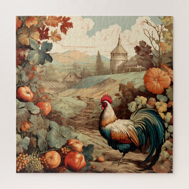 Fall Harvest Rooster Farm Barn Autumn Colours Jigsaw Puzzle (Vertical)
