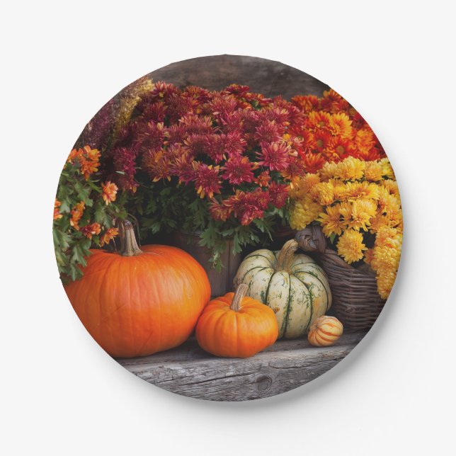 Fall Harvest Tablescape - Autumn Pumpkins Flowers Paper Plate (Front)