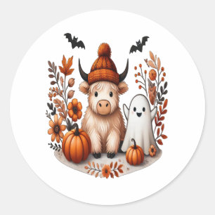 Fall Highland Cow Ghost , Autumn Classic Round Sticker