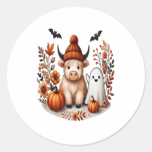 Fall Highland Cow Ghost Png, Autumn Png Classic Round Sticker