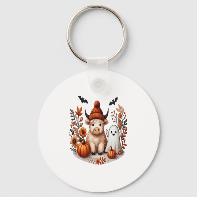 Fall Highland Cow Ghost Png, Autumn Png Keychain (Front)