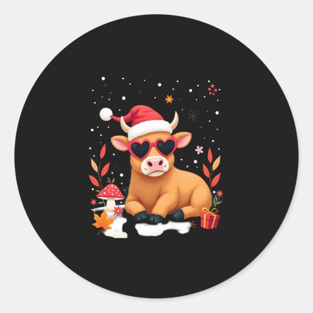 Fall Highland Cow Pumpkin Bow Christmas Girls Kids Classic Round Sticker (Front)