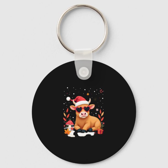 Fall Highland Cow Pumpkin Bow Christmas Girls Kids Keychain (Front)