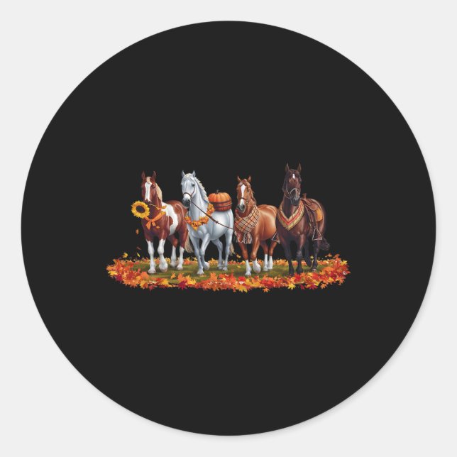 Fall Horse Animal Thanksgiving Sunflowers Pumpkin  Classic Round Sticker (Front)