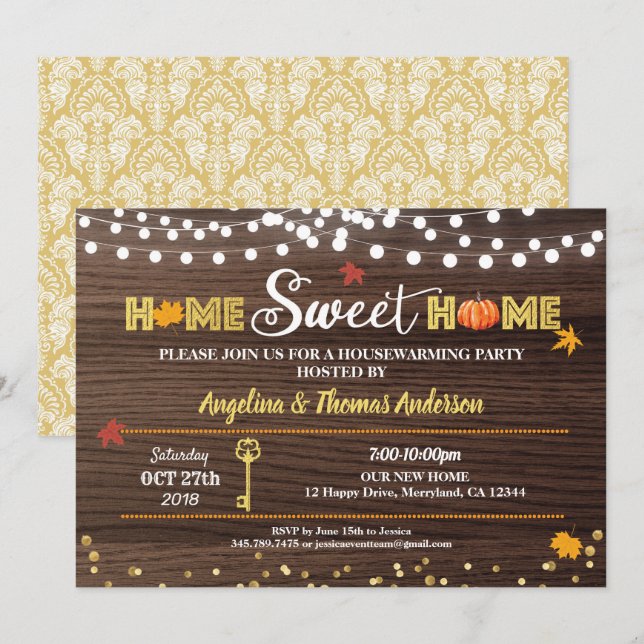 Fall housewarming party rustic wood autumn pumpkin invitation (Front/Back)