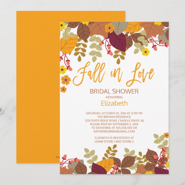 Fall in Lov Autumn Leaves Bridal Shower Invitation (Front/Back)