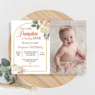 Fall in Love 1st Birthday Rust Flowers Pumpkin Invitation