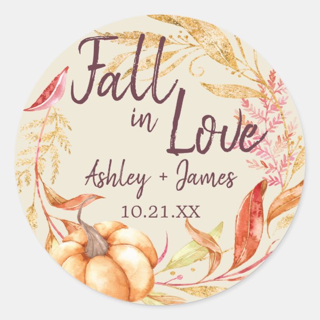 Fall in Love Antique White Wedding Monogram Classi Classic Round Sticker (Front)