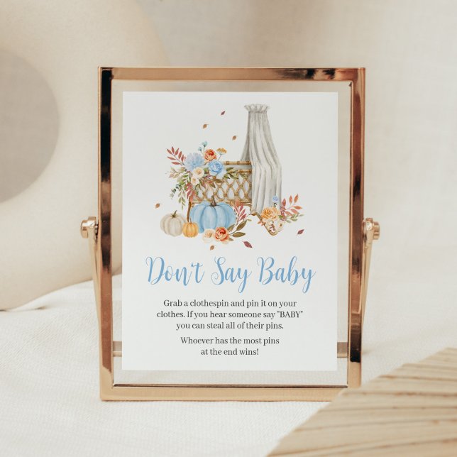 Fall in Love Autumn Blue Pumpkin Don't Say Baby Poster (Floral Blue Pumpkin Baby Shower Don't Say Baby Sign)