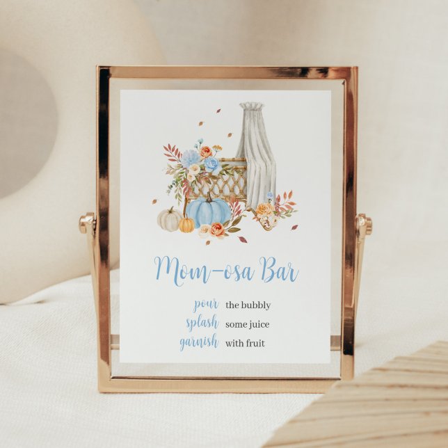 Fall in Love Autumn Blue Pumpkin Mom Osa Bar Poster (Floral Blue Pumpkin Baby Shower Mom Osa Bar Sign)