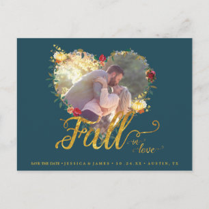 Fall in Love Autumn Burgundy Gold Save the Date Postcard