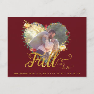 Fall in Love Autumn Burgundy Gold Save the Date Postcard