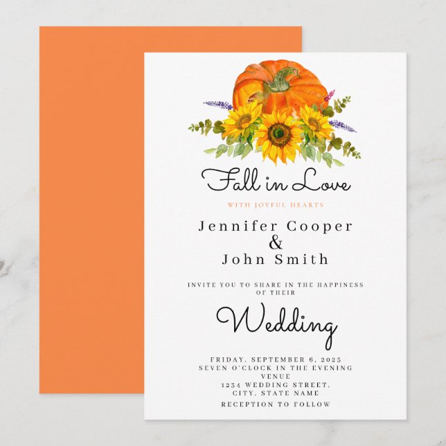 Fall in Love Autumn Fall Sunflower Pumpkin Wedding Invitation (Front/Back)