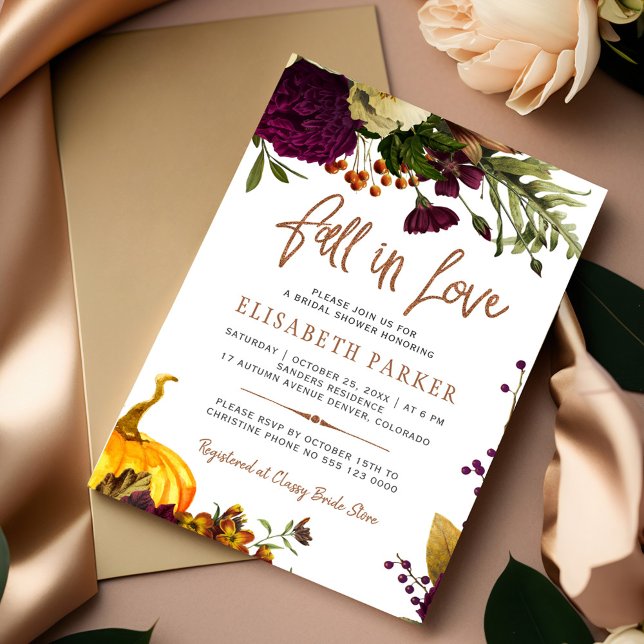 Fall in Love autumn floral chic bridal shower Invitation (Creator Uploaded)