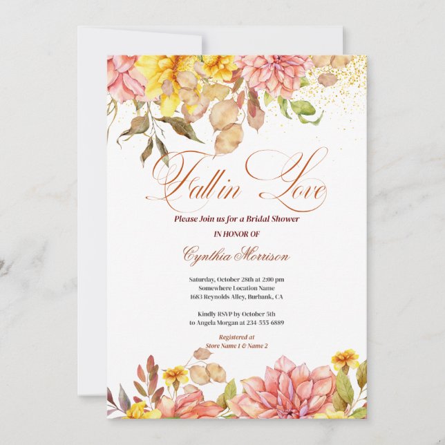Fall in Love Autumn Floral Romance Bridal Shower Invitation (Front)
