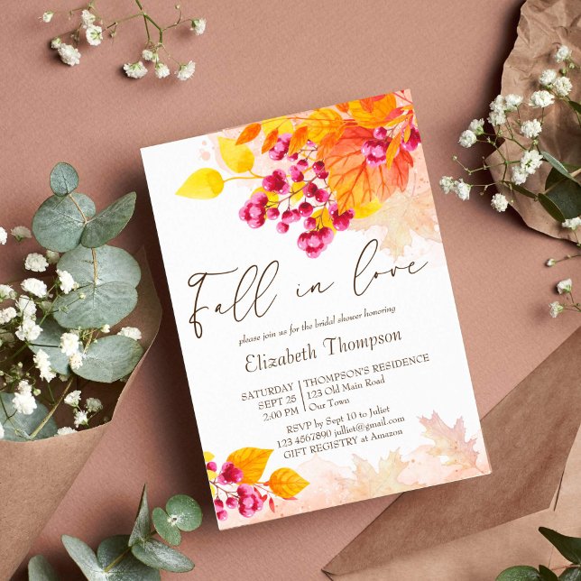 Fall in love autumn foliage bridal shower invite (Fall in love autumn bridal shower invitation template watercolor foliage berries instant download)