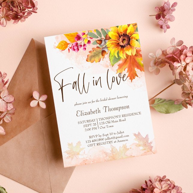 Fall in love autumn foliage bridal shower invite (Fall in love autumn foliage watercolor sunflower bridal shower invitation template instant download)